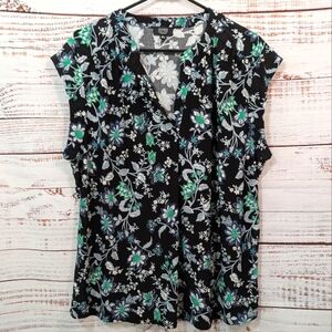 Jones New York Black Multicolored Flowers V-neck Blouse XL